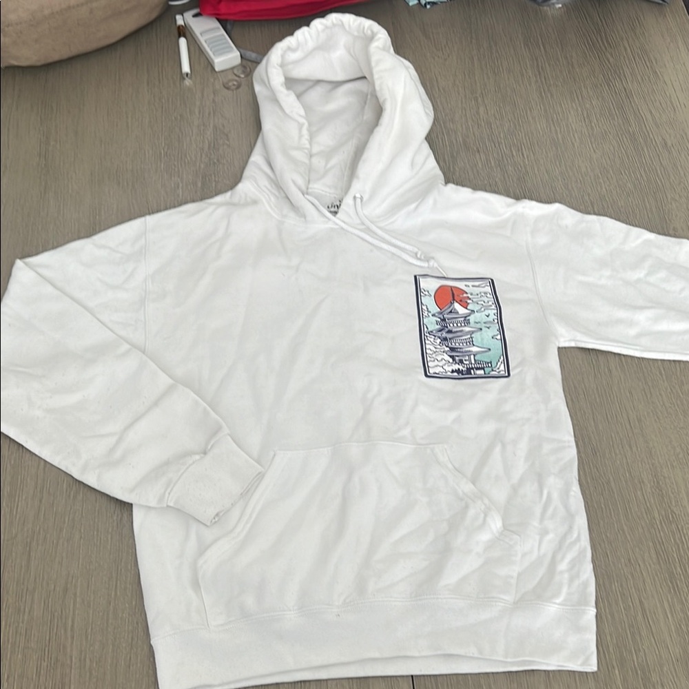 White Graphic Hoodie with Pagoda Design - Picture 1 of 5